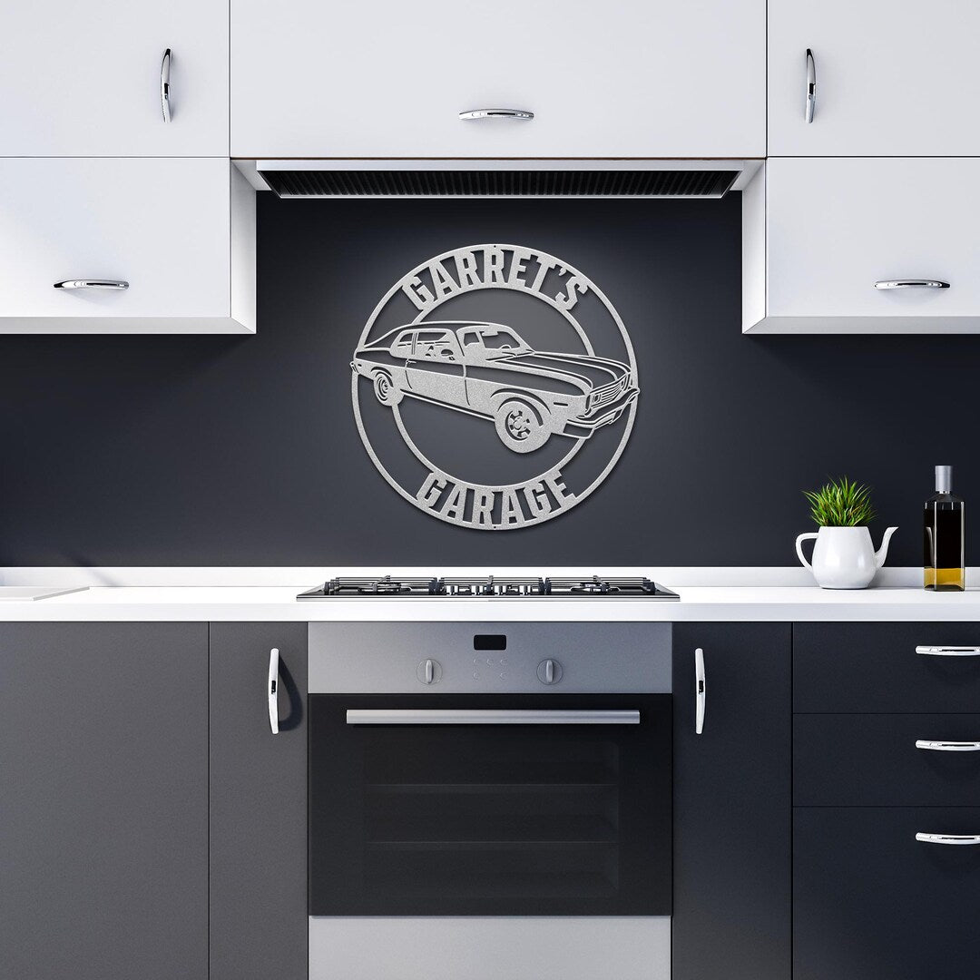 Silver Chevy Nova garage sign in kitchen