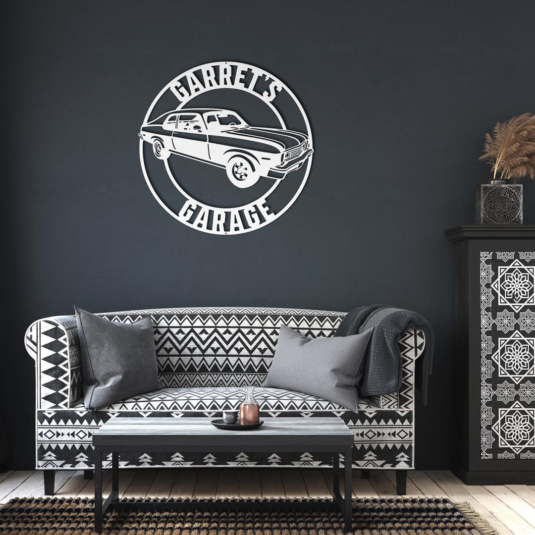 White Chevy Nova sign above sofa